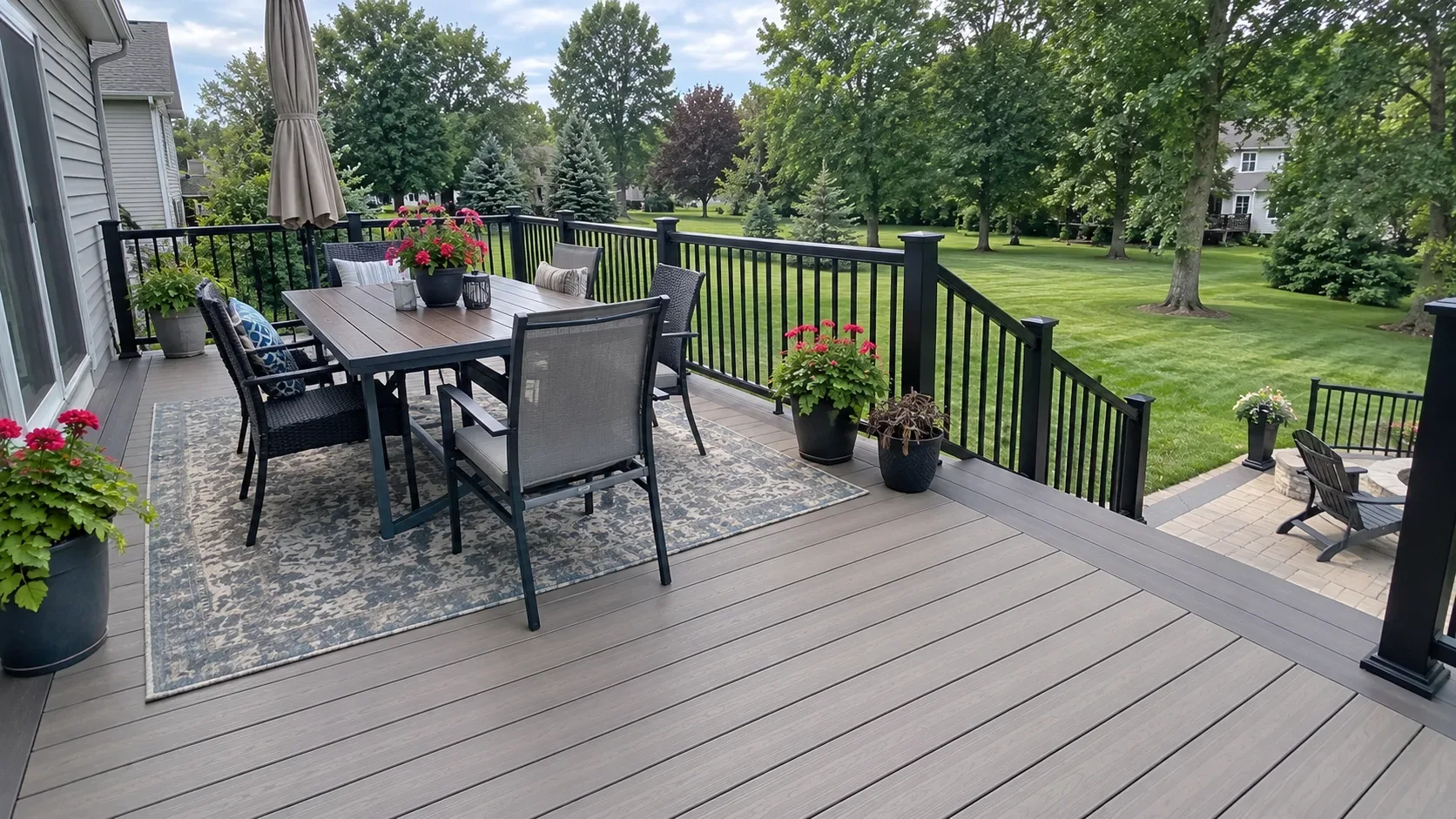 A composite deck with dark metal railings at sunset, steps rising to an upper tier beside the house