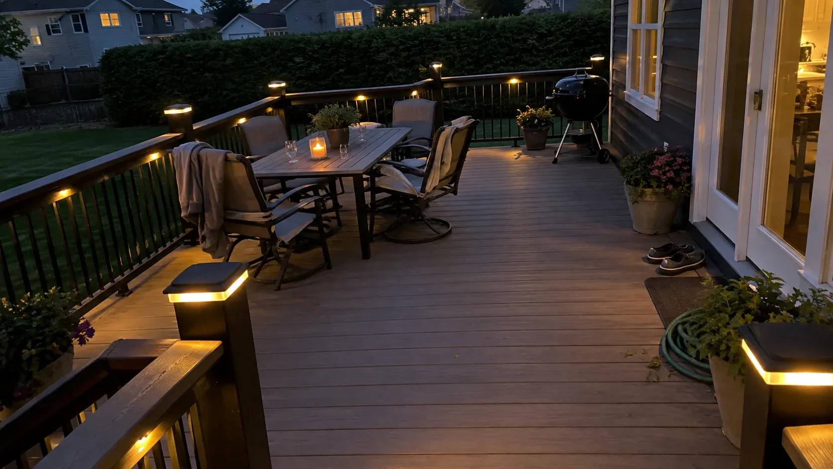 A Cleveland deck at twilight with lit post caps, a glowing strip beneath the handrail and lights set into the stair risers