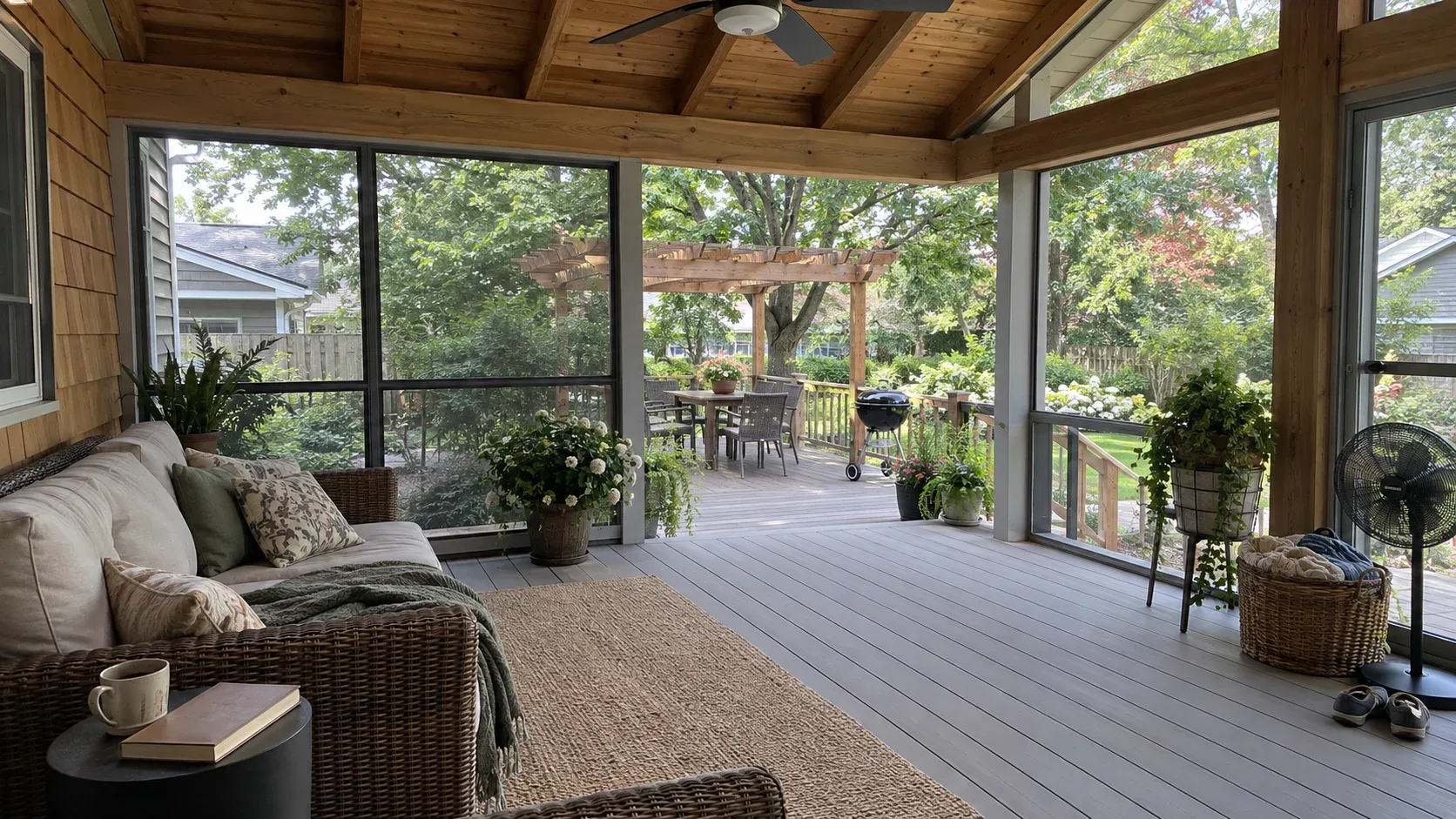 Timber shade frame with open rafters above a stone paved sitting area and a fire bowl, with planted ground falling away behind