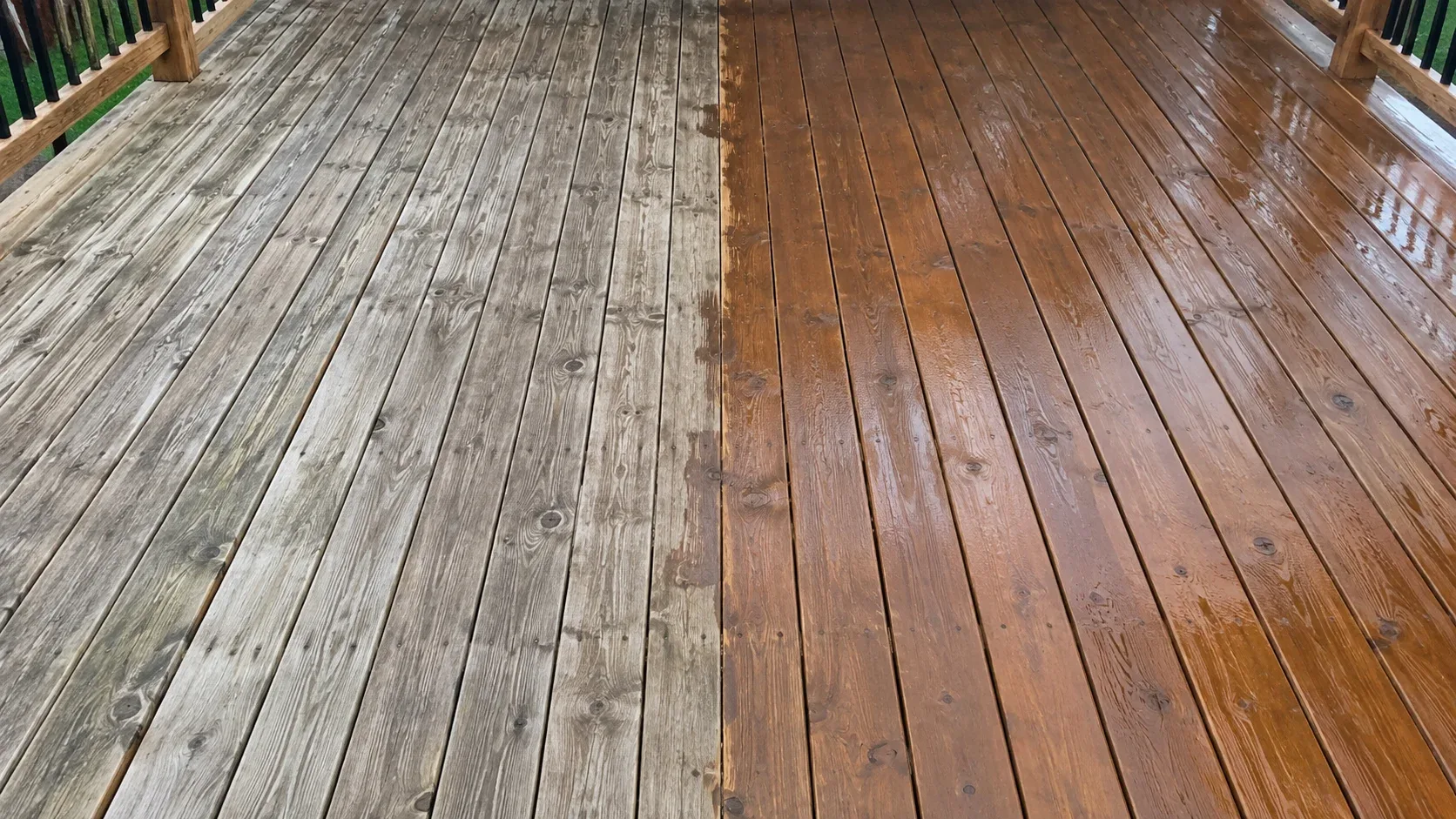 A backyard wood deck midway through restoration, silvered boards on one side and freshly coated deep brown boards on the other