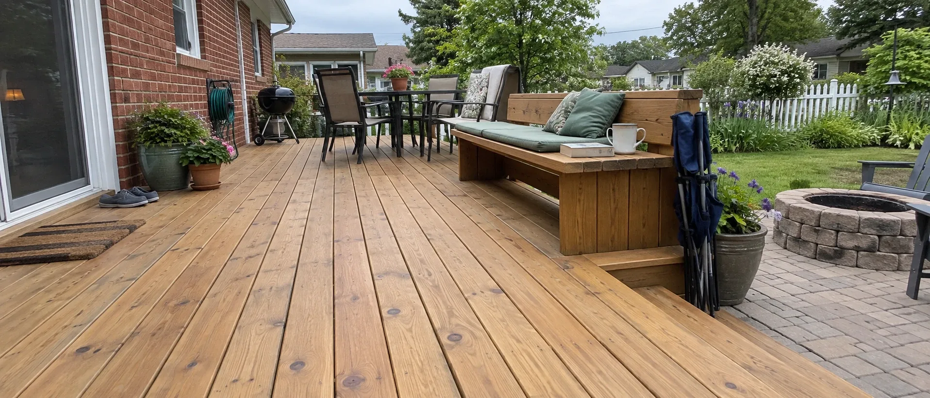 Cut stone paving beside a stained timber deck, with a low seating wall and a stone fire feature against the rear of a brick dwelling