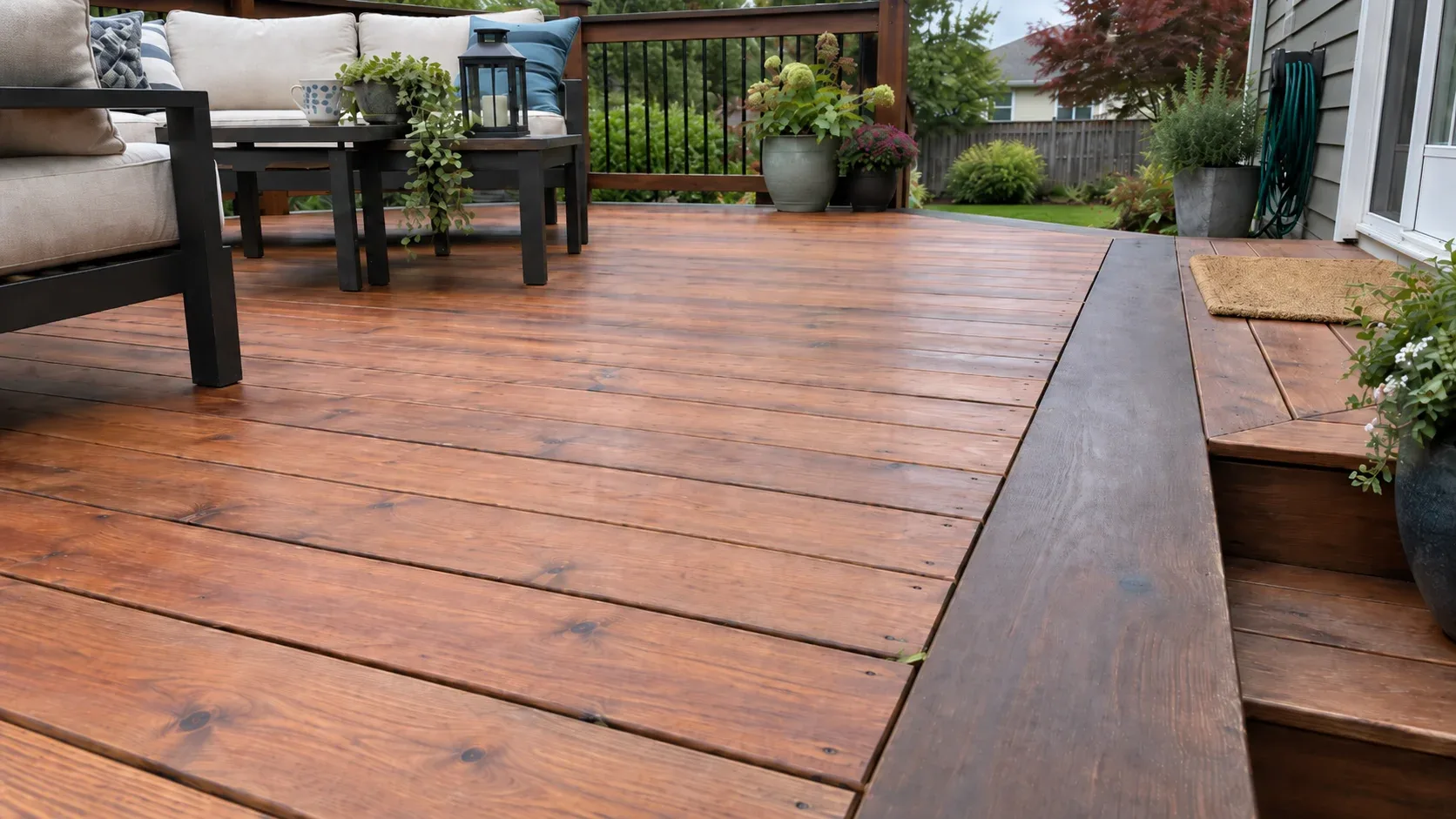 Red brown cedar boards running into a darker hardwood border course under low evening light